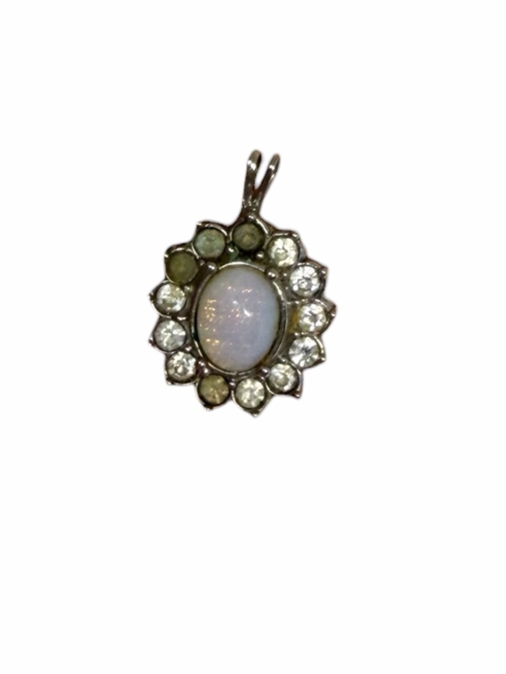 Silver Pendant Central Oval Stone with smaller white gems Flower like